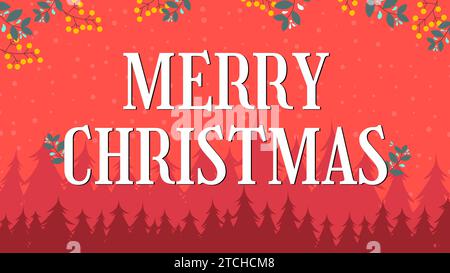 Banner natalizio, luccicanti luci natalizie ghirlande con alberi e tinsel dorati. Poster di natale, cartoline e intestazioni orizzontali per il sito Web. Rosso scuro felice Illustrazione Vettoriale