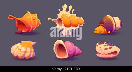 Insieme di conchiglie isolate su sfondo nero. Illustrazione vettoriale di molluschi colorati contemporanei, lumaca, conchiglie ostriche, spiaggia marina e fondali marini, collezione di souvenir esotici Illustrazione Vettoriale