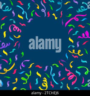 Sfondo festivo. Bordo o cornice con spazio vuoto per il testo incorniciato da coriandoli e serpentino su sfondo blu. Decorazioni di compleanno Foto Stock