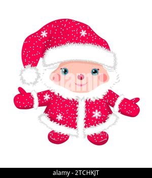 Il piccolo Babbo Natale dei cartoni animati in un cappotto e un cappello di pelliccia rossa. Giocattolo per bambini di Natale. Illustrazione Vettoriale