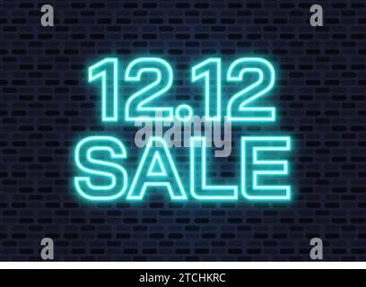 12,12 sfondo del banner di acquisto e vendita. Poster o modello di volantino degli sconti del 12 dicembre in effetto neon brillante. Illustrazione vettoriale Illustrazione Vettoriale