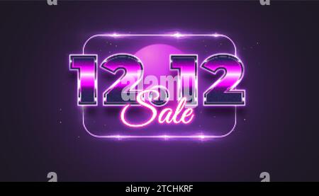 12,12 sfondo del banner di acquisto e vendita. Poster o modello di volantino degli sconti del 12 dicembre in effetto neon brillante. Illustrazione vettoriale Illustrazione Vettoriale