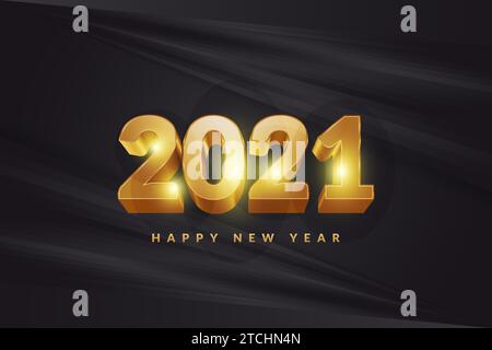 Banner o poster felice anno nuovo 2021 con numeri oro 3d su elegante sfondo nero Illustrazione Vettoriale