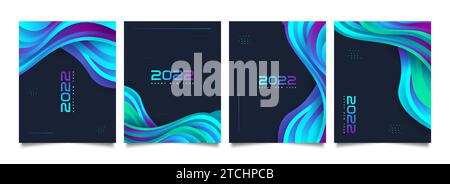 Buon anno 2022 Set di poster con sfondo ondulato colorato. 2022 modello di progettazione numero. Volantino modello di progettazione per festività di Capodanno Illustrazione Vettoriale