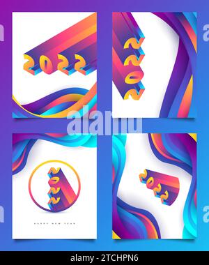 Poster felice anno nuovo 2022 con sfondo ondulato colorato e numeri 3D. Modello di progettazione per la celebrazione del nuovo anno per volantino, poster, brochure, scheda Illustrazione Vettoriale