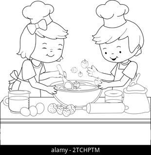 Bambini che cucinano in cucina a casa. Bambini con cappelli da cucina che cucinano una torta. Pagina vettoriale di colorazione in bianco e nero. Illustrazione Vettoriale