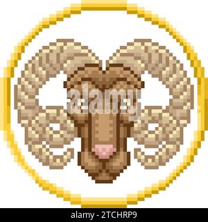 Oroscopo zodiaco Astrologia Ariete pixel Art Sign Illustrazione Vettoriale
