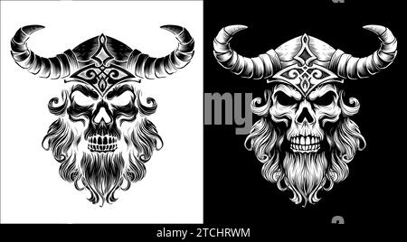 Viking Warrior Skull Man Mascot Face in casco Illustrazione Vettoriale