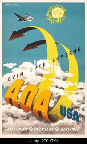 AOA - USA (American Overseas Airlines, 1948). Poster di viaggio in lingua olandese "Oven Over Skyerne" Foto Stock