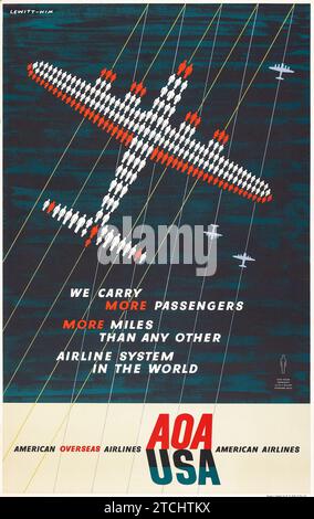 AOA - USA (American Overseas Airlines, 1940s). Poster di viaggio britannico "portiamo più passeggeri..." Poster della compagnia aerea Foto Stock