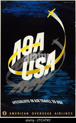 AOA - USA (American Overseas Airlines, fine anni '1940) poster di viaggio svizzero in lingua inglese Foto Stock