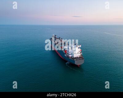 Un'enorme nave da carico che trasporta trucioli di legno nel mare, vista aerea. Foto Stock