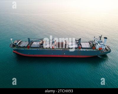 Un'enorme nave da carico che trasporta trucioli di legno nel mare, vista aerea. Foto Stock