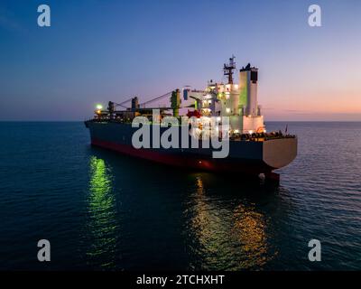 Un'enorme nave da carico che trasporta trucioli di legno nel mare, vista aerea. Foto Stock