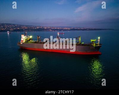 Un'enorme nave da carico che trasporta trucioli di legno nel mare, vista aerea. Foto Stock