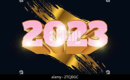 Felice anno nuovo 2023 con numeri 3D rosa e oro isolati sullo sfondo pennello oro. Design per il nuovo anno per banner, poster e biglietti d'auguri Illustrazione Vettoriale