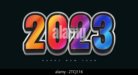 Buon anno 2023: Design banner con numeri 3D colorati per celebrazione o decorazione. Modello di progetto per l'anno nuovo per, poster, copertina o scheda Illustrazione Vettoriale