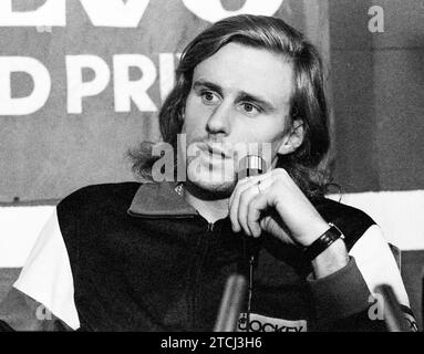 Björn BORG tennista svedese tiene una conferenza stampa a Kungliga Hallen durante il torneo di Stoccolma Open 1982 Foto Stock