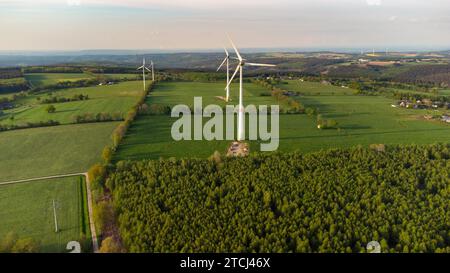 Vista aerea del paesaggio nella regione di Eifel vicino a Raffelslbrand, Germania con foresta, prati e ruote del vento Foto Stock