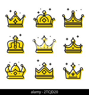 Set di icone corona in stile moderno e sottile. Stemma da collezione e simboli reali. Illustrazione vettoriale Illustrazione Vettoriale