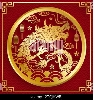 Design tradizionale del drago cinese in oro per il Capodanno cinese e tutti i festival (traduzione : drago cinese) Illustrazione Vettoriale