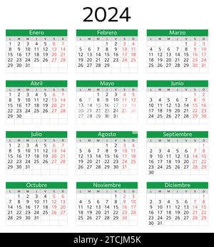 Calendario SPAGNOLO 2024. Illustrazione di modelli vettoriali stampabili in Spagna. Pianifica il tuo anno Illustrazione Vettoriale