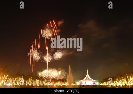 Celebrazione di fuochi d'artificio e illuminazione al parco pubblico Suan Luang Rama 9 in Thailandia di notte Foto Stock