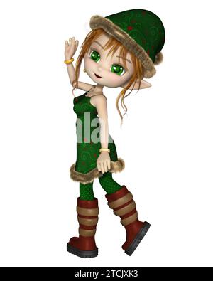Toon Christmas Elf Girl in un abito verde e cappello, sventolando Foto Stock