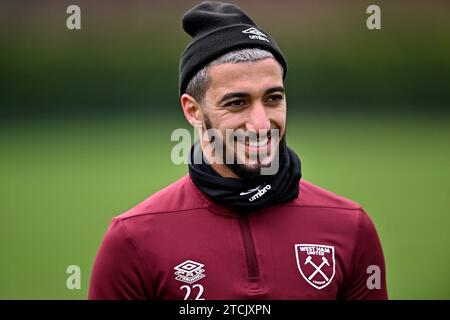 Romford, Regno Unito. 13 dicembre 2023. Dagenham East London 13 dicembre 2023. Ha detto Benrahma (West Ham) durante la sessione di allenamento aperto del West Ham presso il campo di allenamento del West Ham, Romford. Crediti: MARTIN DALTON/Alamy Live News Foto Stock