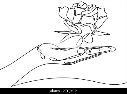 tenendo il fiore di rosa in palma - disegno a linee continue. Illustrazione Vettoriale