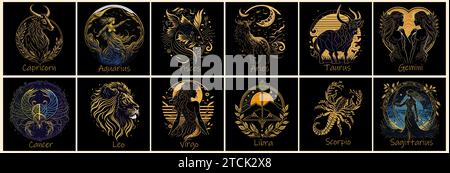 Segni zodiacali astrologici. Simboli dorati disegnati a mano Illustrazione Vettoriale