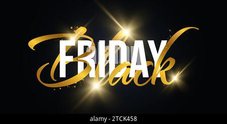 Banner promozionale Black Friday con testo bianco e oro ed effetto luce dorata. Tipografia del Black Friday. Design banner pubblicitario e promozionale per Illustrazione Vettoriale