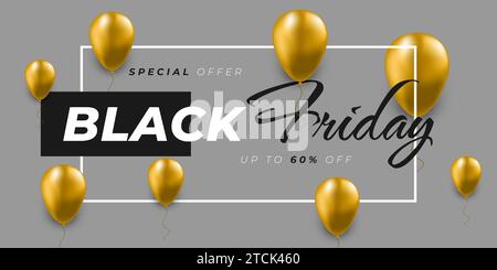 Banner in vendita Black Friday con palloni in elio oro. Design del banner pubblicitario e promozionale per la campagna Black Friday Illustrazione Vettoriale