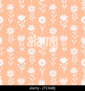 Motivo floreale senza cuciture con fiori disegnati a mano su un morbido sfondo di pesca. Illustrazione Vettoriale