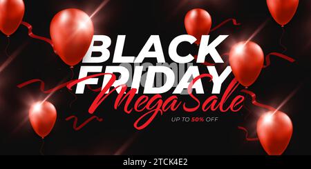 Banner di vendita del Black Friday con palloncini e nastri in elio rosso su sfondo nero. Design del banner pubblicitario e promozionale per Black Friday Cam Illustrazione Vettoriale