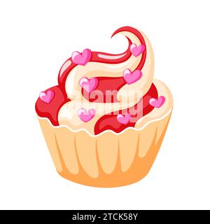 Muffin con caramelle rosa a forma di cuore. Cupcake piatto. Illustrazione vettoriale isolata su sfondo bianco. Illustrazione Vettoriale
