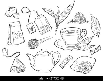 Set di icone del tè a forma di doodle disegnate a mano. Illustrazione vettoriale. Collezione di simboli isolati delle bevande. Cartone animato vari elementi per bevande: Tazza, tazza, teiera, foglia, Illustrazione Vettoriale