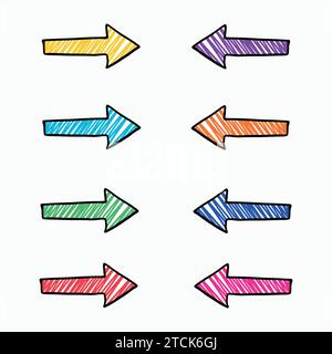 Otto frecce multicolore disegnate a mano e ombreggiate con una penna o un pennarello Illustrazione Vettoriale