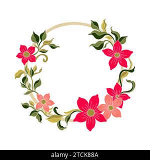 Pianta a corona floreale in art nouveau 1920-1930. Corona disegnata a mano con trame di linee, foglie e fiori. Illustrazione Vettoriale