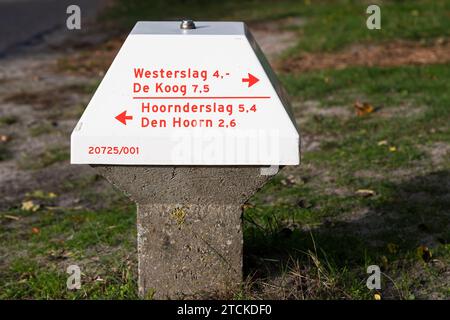Fungo ANWB con indicazioni per varie destinazioni sull'isola olandese di Texel. Foto Stock