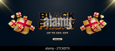 Modello di banner per la vendita del Black Friday con testo 3d e confezione regalo oro su sfondo scuro Illustrazione Vettoriale