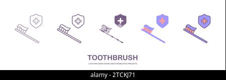 Spazzolino con icona dentifricio. Spazzolare la linea del dente e la versione del glifo, il contorno e il segno vettoriale riempito. pittogramma lineare e completo. Simbolo Illustrazione Vettoriale