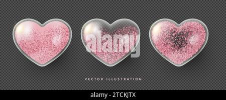 Cuori in vetro trasparente rosa realistico con glitter. Simbolo dell'amore, sii il mio San Valentino. Illustrazione vettoriale in stile 3D. Illustrazione Vettoriale
