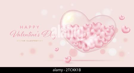 Elegante banner di San Valentino con cuore in vetro trasparente e piccoli cuori rosa all'interno. Illustrazione vettoriale Illustrazione Vettoriale