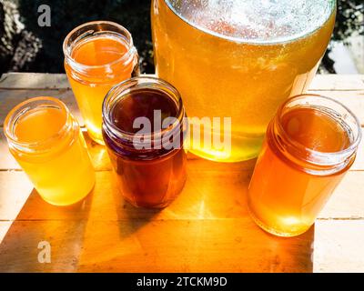 vista dall'alto di diversi tipi di miele in vari vasi di vetro sul tavolo nel cortile posteriore illuminato dal sole Foto Stock