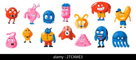 Divertenti forme di mostro. Simpatici e astratti volti mostri con emozioni diverse, stravaganti personaggi per bambini con volti e corpi distorti. Vettore isolato Illustrazione Vettoriale