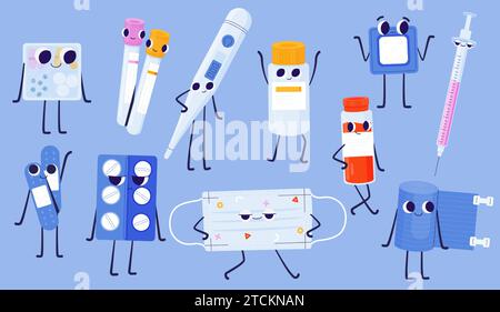 I personaggi delle pillole dei cartoni animati. Graziosa medicina farmaceutica con siringa e cucchiaio, divertente farmaco farmacia con simpatiche emozioni mascotte. Insieme di vettori Illustrazione Vettoriale