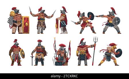 Personaggi dei gladiatori. Cartoni animati antico guerriero gladiatore romano in diverse pose di combattimento e in piedi, risorsa di gioco 2D. Insieme isolato dal vettore Illustrazione Vettoriale