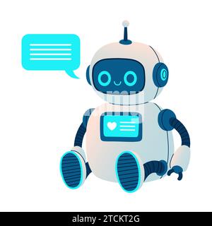 Robot carino seduto con testo. Cartoon Science Technology Concept Vector isolato. Stile cartone animato piatto Illustrazione Vettoriale