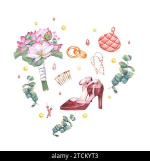 Accessori per matrimoni femminili. Frizione, anelli dorati. Forcine perlate. Orecchini e bouquet da sposa. Scarpe in pelle con tacco alto. Fiore di loto, eucalipto Foto Stock